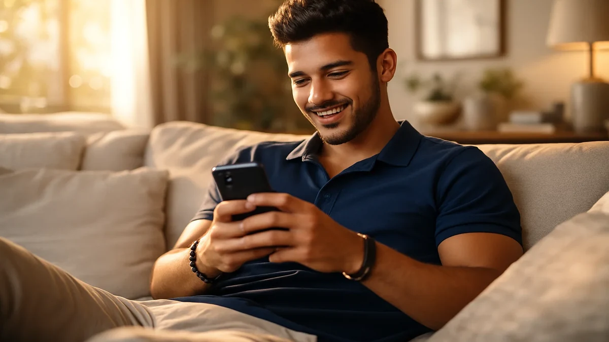 Homem brasileiro usando smartphone para apostas esportivas no conforto de casa