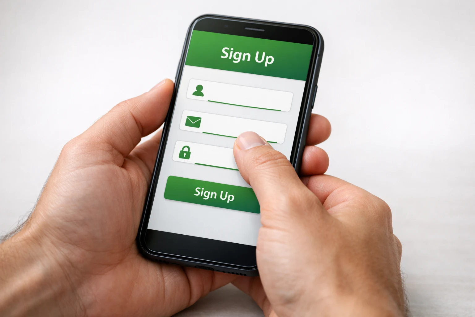 Mãos digitando dados de cadastro em formulário de app de apostas