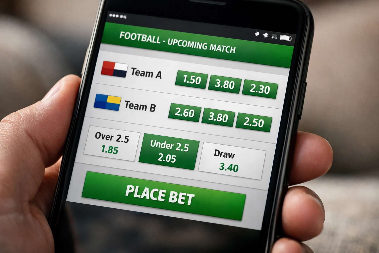 Tela de smartphone mostrando odds e cotações de apostas esportivas
