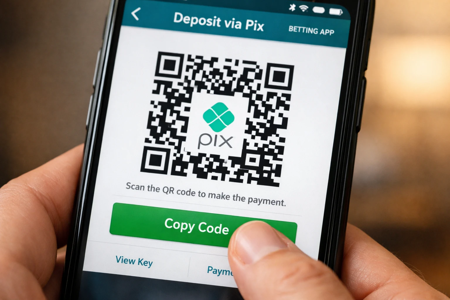 Tela de smartphone mostrando processo de depósito via Pix com QR code