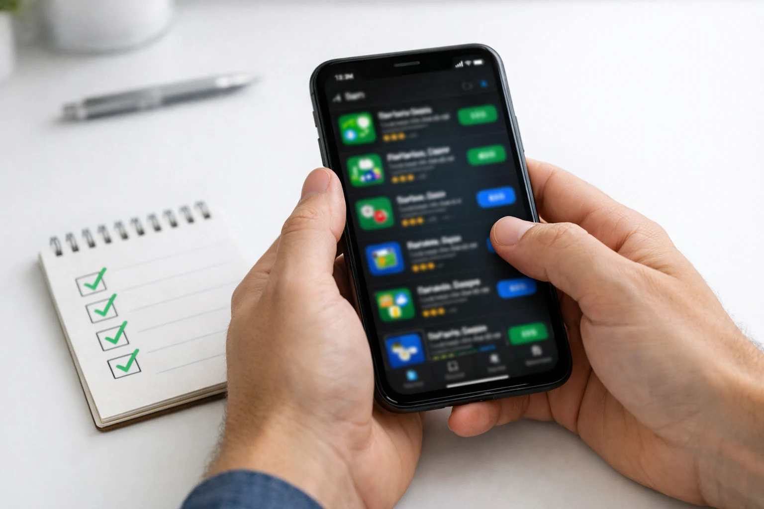 Mãos segurando celular avaliando aplicativos de apostas com checklist ao lado