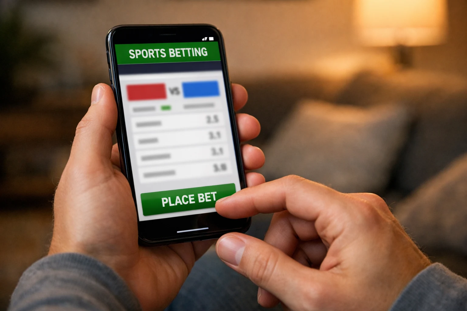 Mãos segurando smartphone no momento de confirmar primeira aposta esportiva
