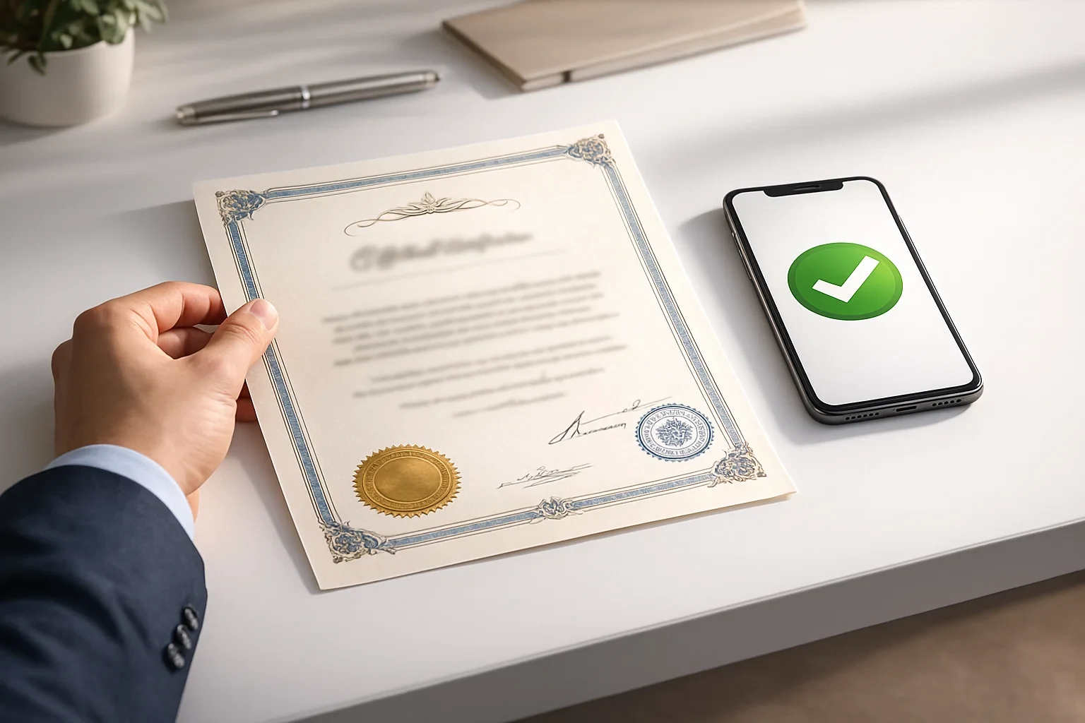 Documento oficial de licença regulatória com selo e smartphone mostrando aprovação