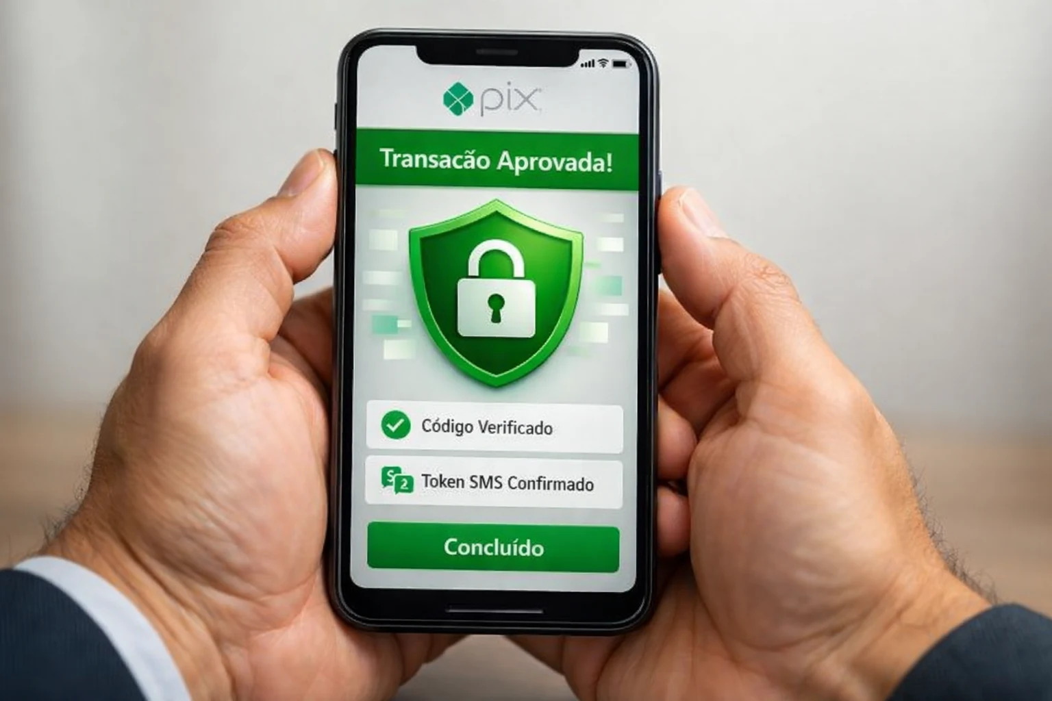Mãos segurando smartphone com ícone de cadeado simbolizando segurança Pix