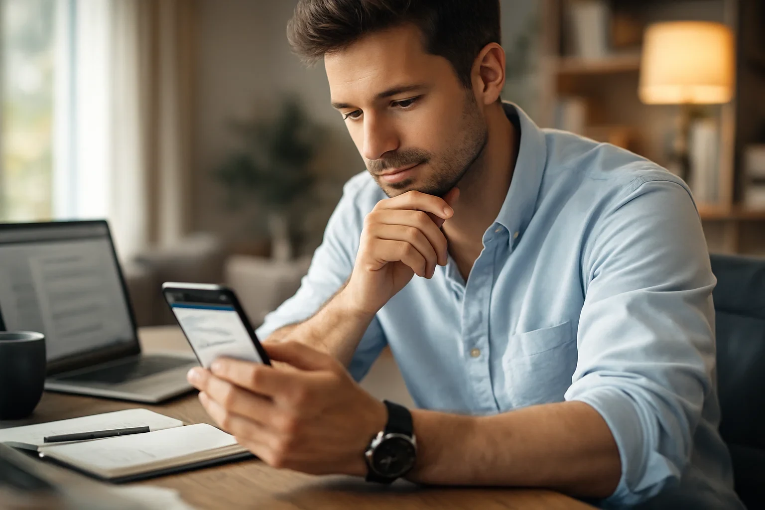 Pessoa verificando transação no smartphone com expressão de resolução