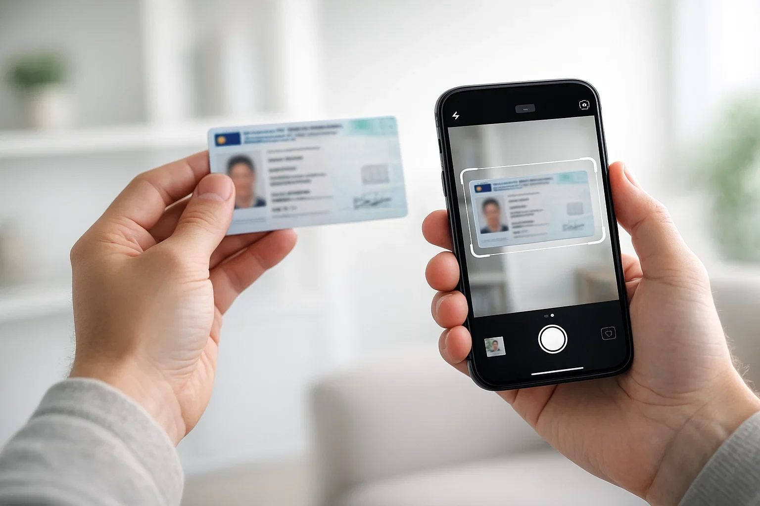 Mãos segurando smartphone e documento de identidade para processo de verificação KYC